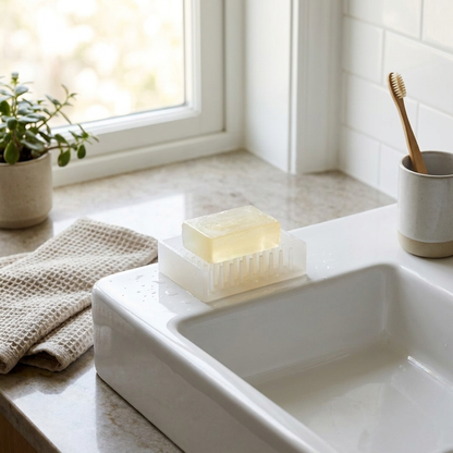 Soap dish on bathroom sink