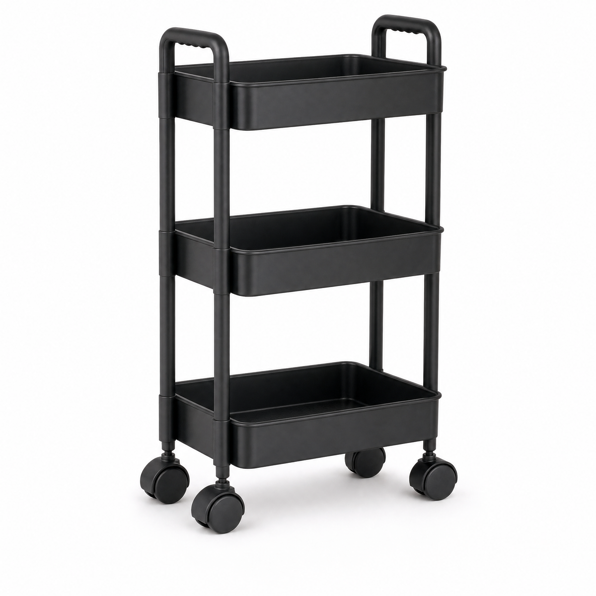 Black 3-tier rolling storage cart with four caster wheels on a white background
