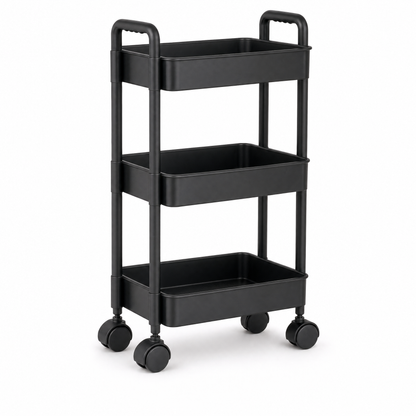 Black 3-tier rolling storage cart with four caster wheels on a white background