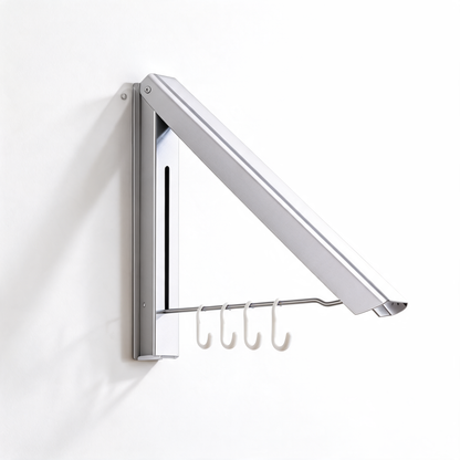 Silver wall-mounted folding drying rack with four white hooks on a white background