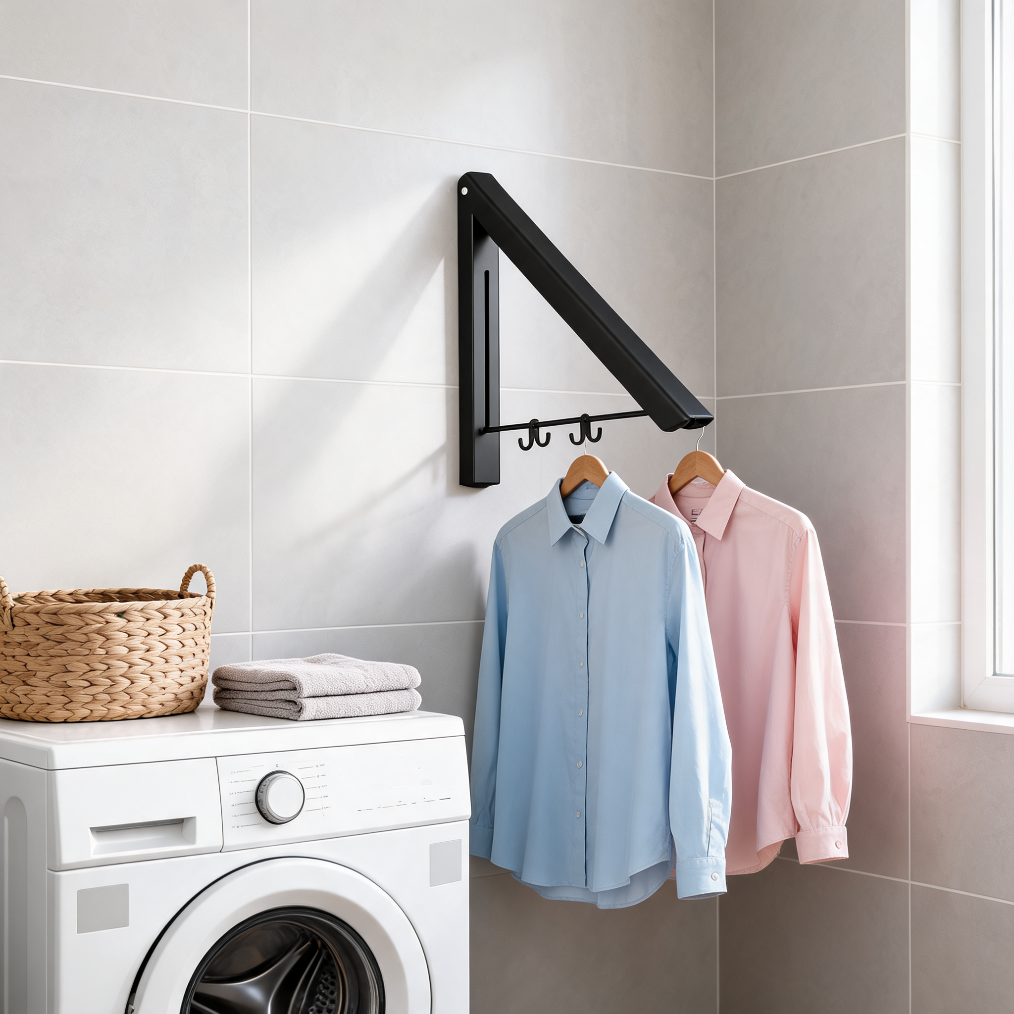 Black folding drying rack holding two shirts on hangers above a washing machine in a laundry room