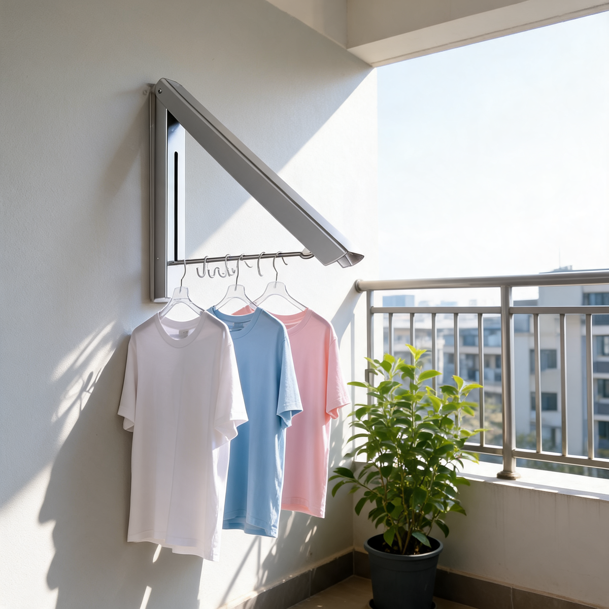 Silver folding drying rack with T-shirts drying on a sunny apartment balcony