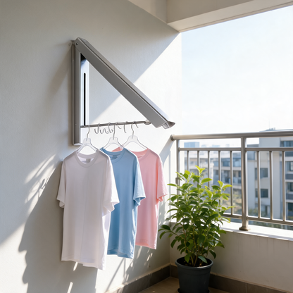 Silver folding drying rack with T-shirts drying on a sunny apartment balcony