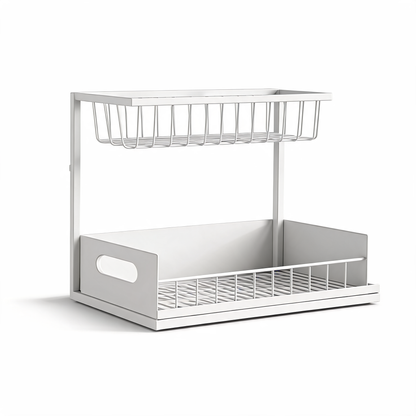 White 2-tier pull-out organizer with wire top basket and sliding lower drawer on a white background