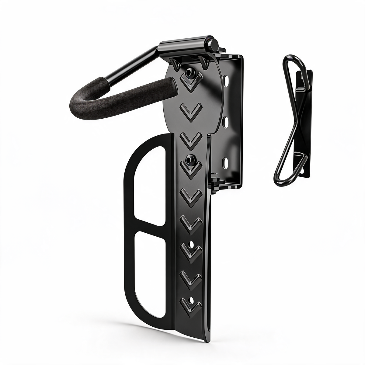 Black swivel bike wall mount with foam-covered hook and separate rear wheel stop on a white background
