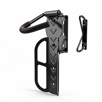 Black swivel bike wall mount with foam-covered hook and separate rear wheel stop on a white background