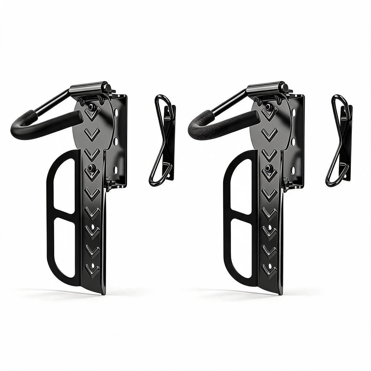 Two-pack of black swivel bike wall mounts with rear wheel stops on a white background