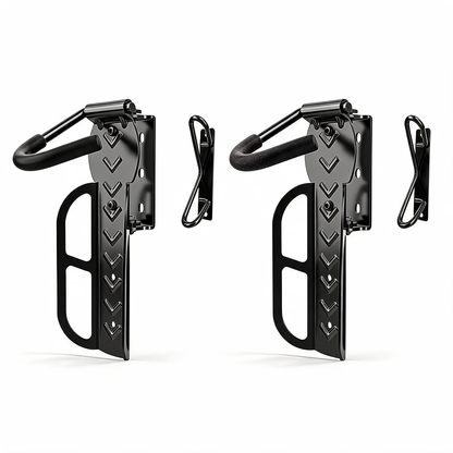 Two-pack of black swivel bike wall mounts with rear wheel stops on a white background