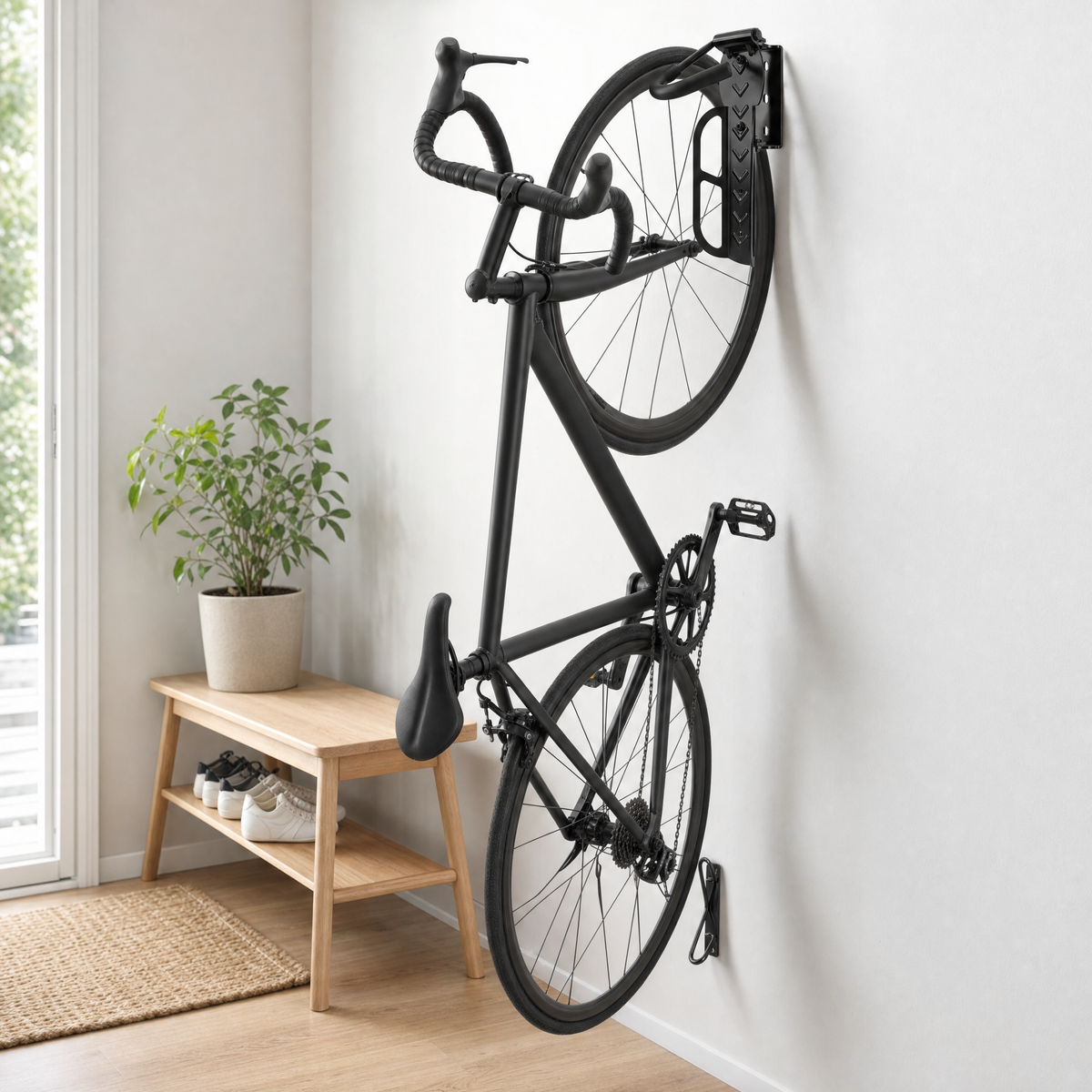 Black road bike stored vertically on a wall mount in an apartment entryway