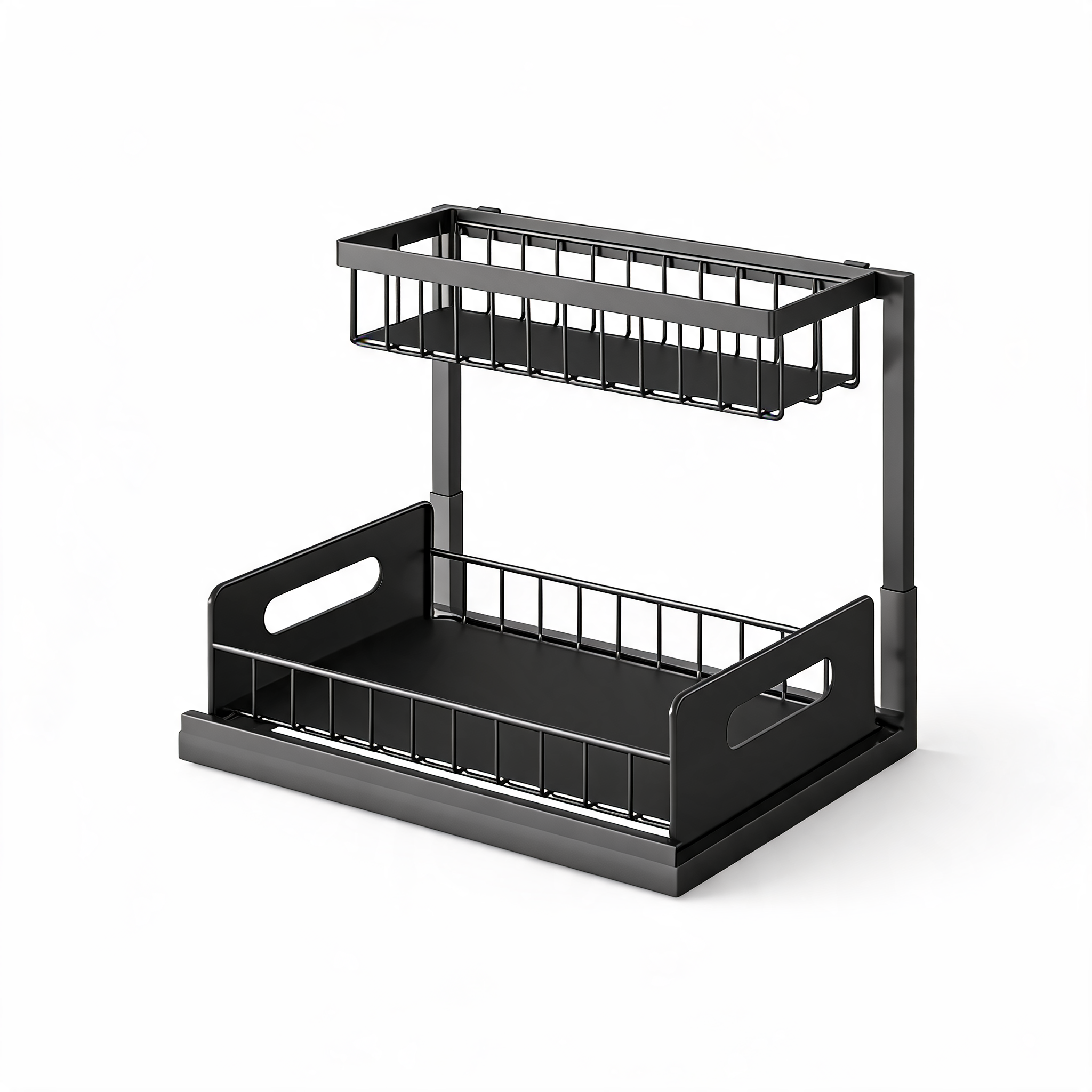 Black 2-tier slide-out under-sink cabinet organizer on a white background