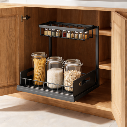 Black slide-out organizer in a pantry cabinet holding spice jars and jars of pasta, rice and oats