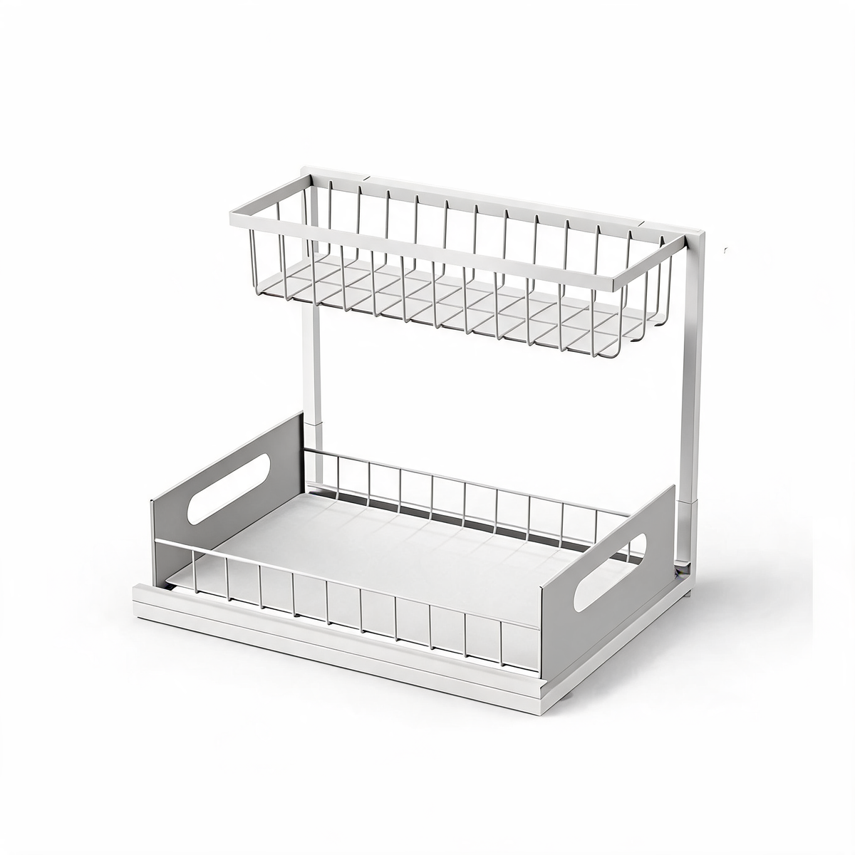 White 2-tier slide-out under-sink cabinet organizer on a white background