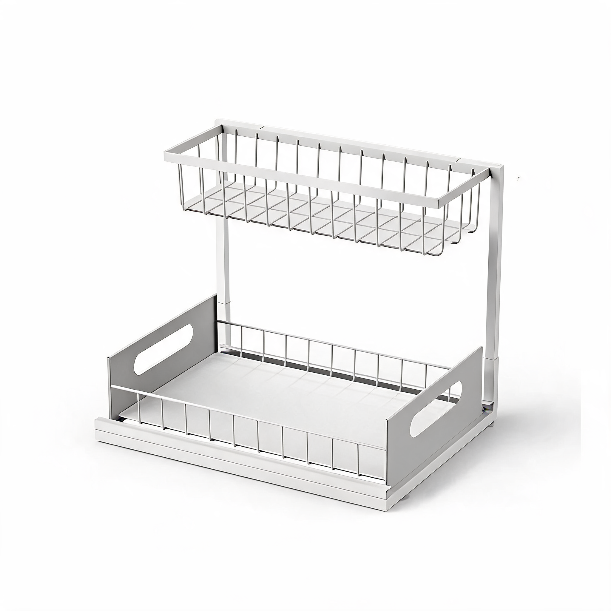 White 2-tier slide-out under-sink cabinet organizer on a white background
