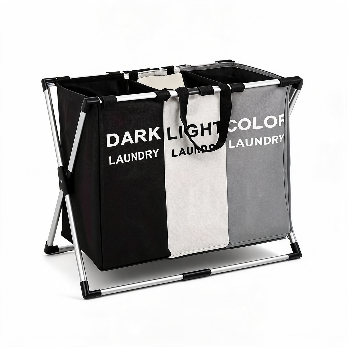 3-section foldable laundry sorter with black, off-white and grey bags on an aluminium X-frame, white background