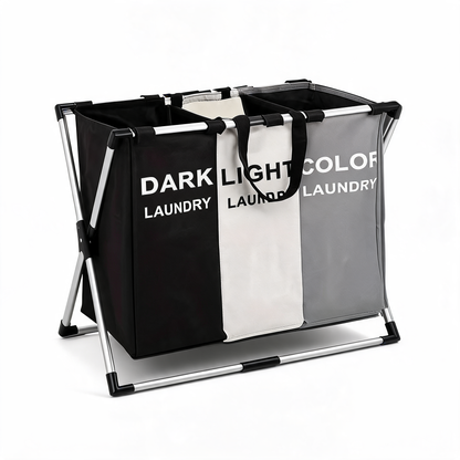 3-section foldable laundry sorter with black, off-white and grey bags on an aluminium X-frame, white background