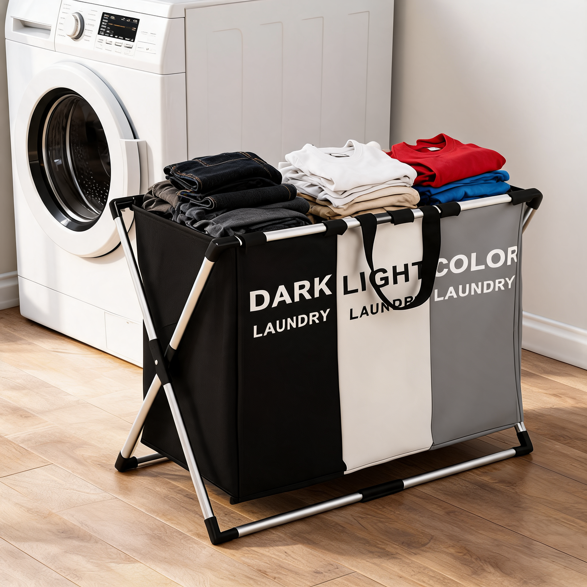 3-section laundry sorter with folded clothes beside a washing machine in a laundry room