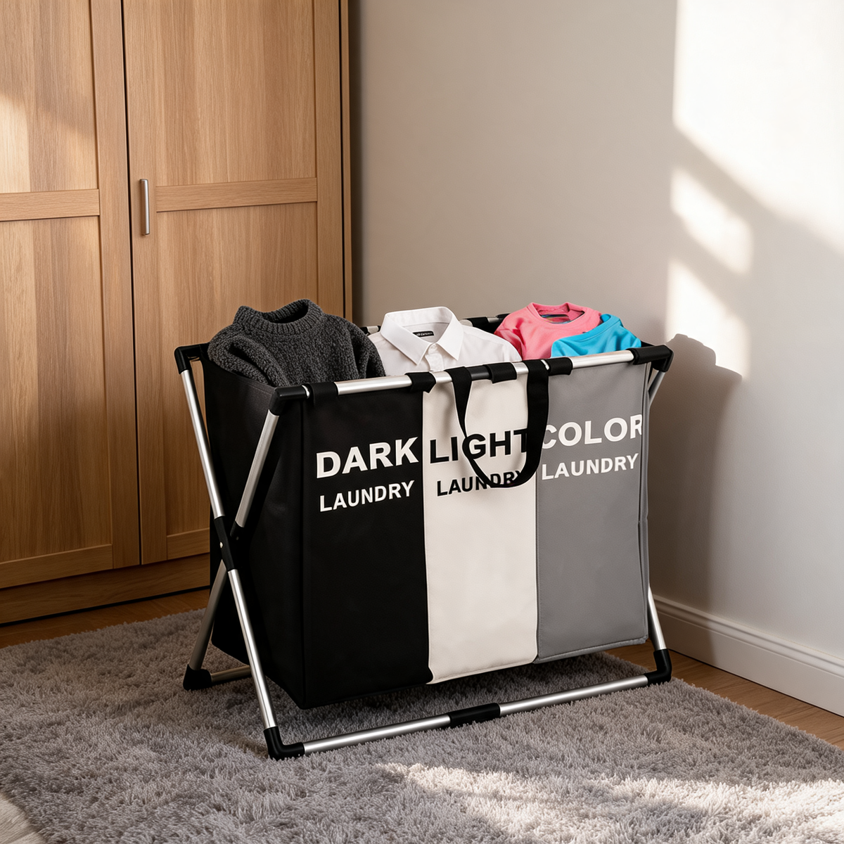 3-section laundry hamper next to a wardrobe in a bedroom on a grey rug