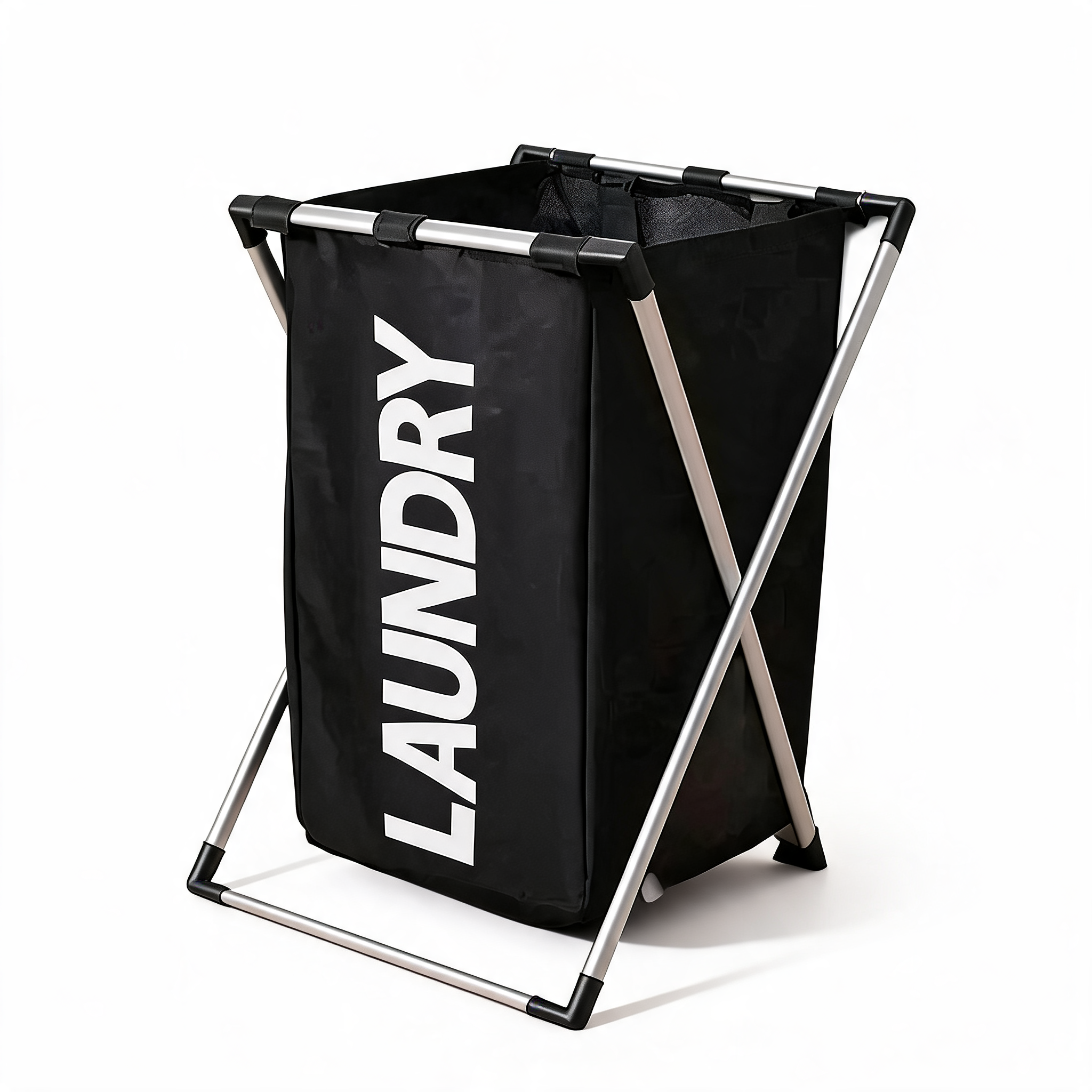 Single black foldable laundry hamper on an aluminium X-frame, white background