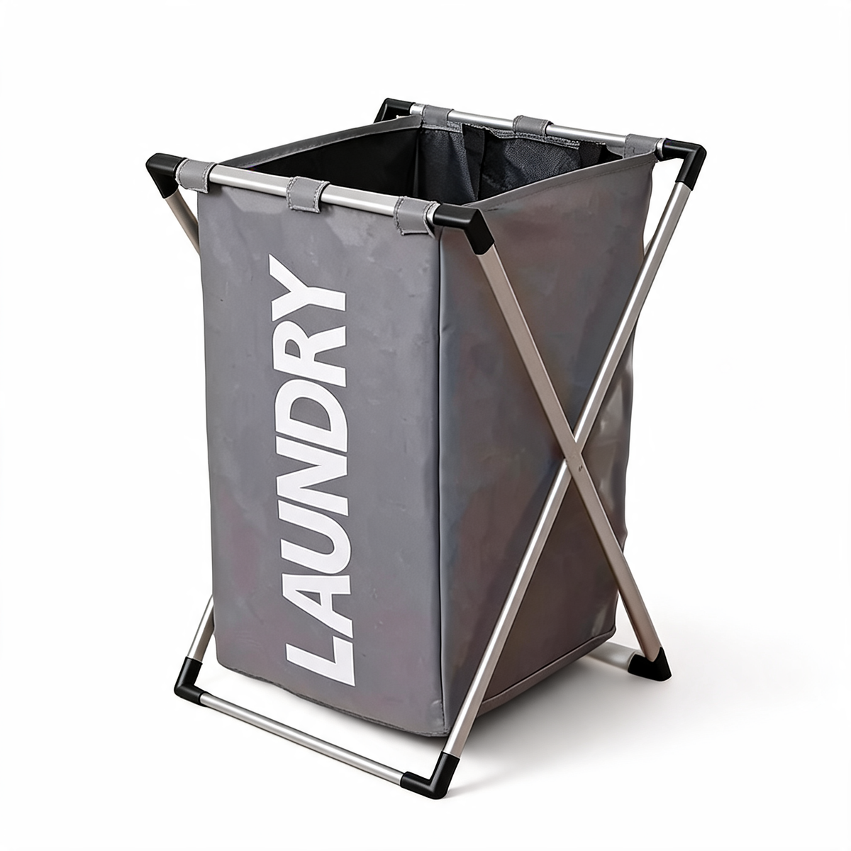 Single grey foldable laundry hamper on an aluminium X-frame, white background