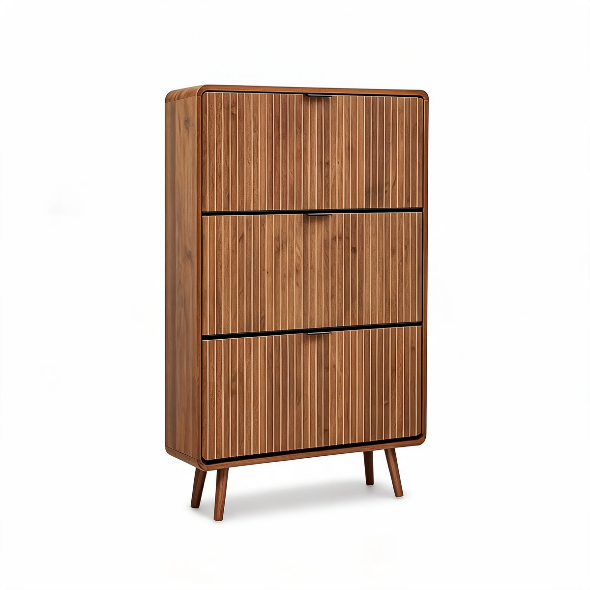 Walnut slim shoe cabinet with three fluted flip drawers and tapered legs on a white background