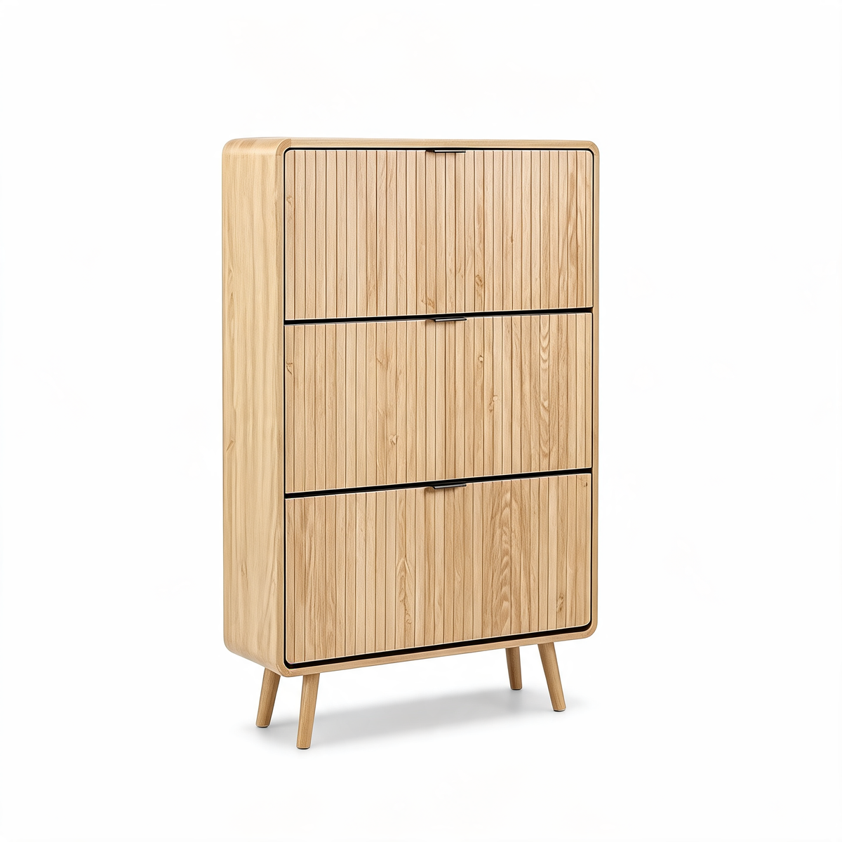 Natural oak slim shoe cabinet with three fluted flip drawers on a white background