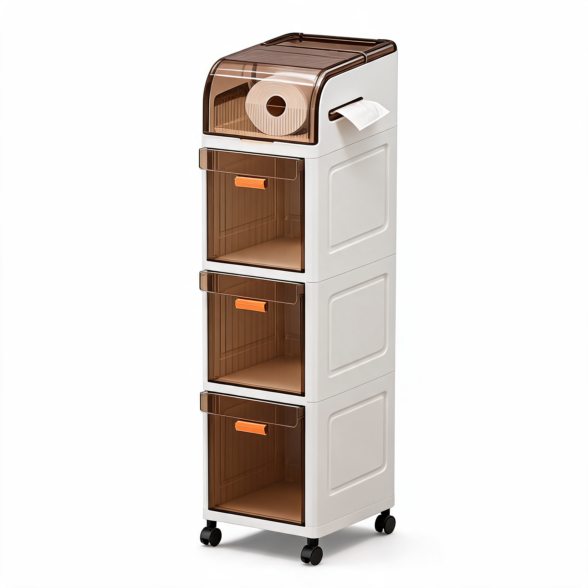 4-layer narrow white rolling storage cabinet with smoky brown flip-top lid and three drawers on a white background