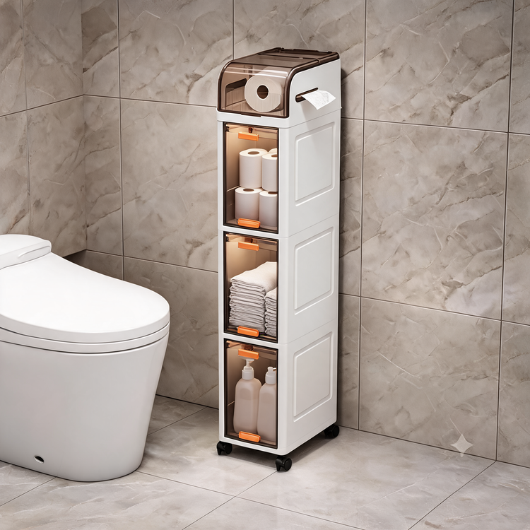 Narrow storage cabinet in the gap beside a toilet holding toilet rolls and towels