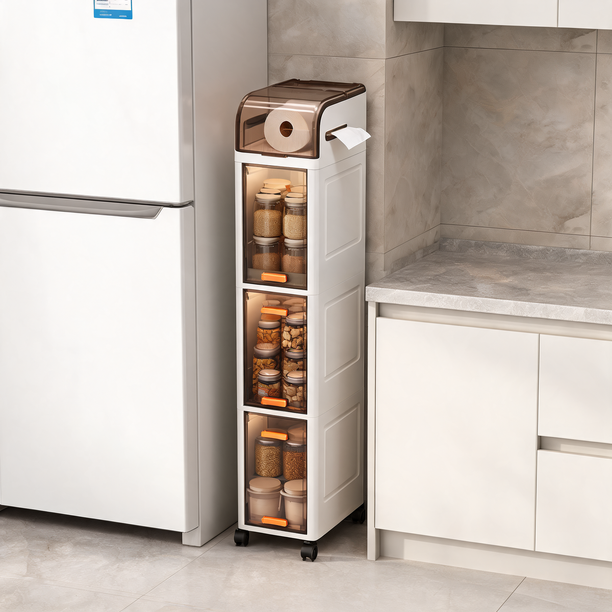 Slim rolling cabinet between a refrigerator and kitchen counter holding pantry jars