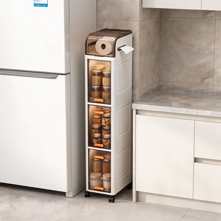 Slim rolling cabinet between a refrigerator and kitchen counter holding pantry jars