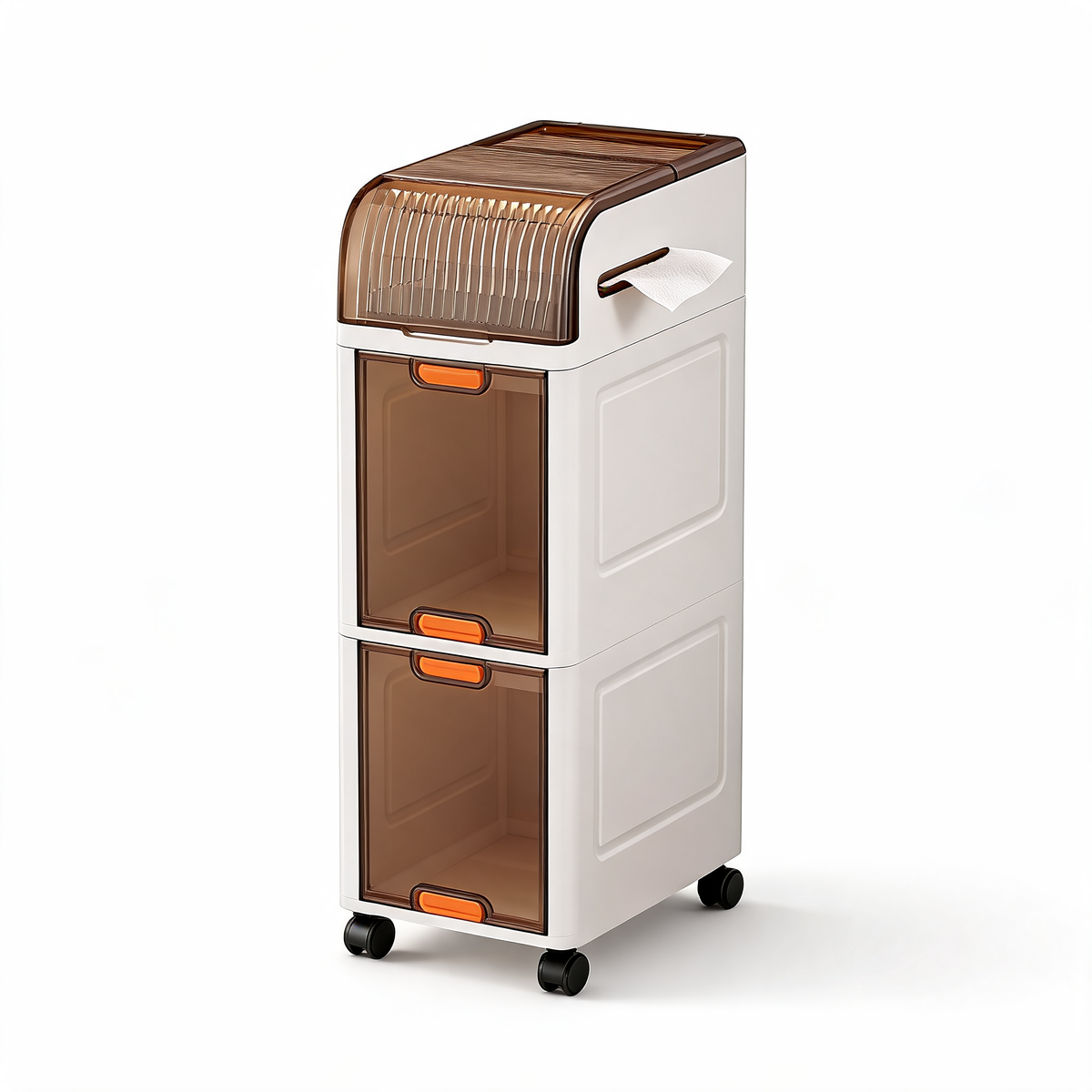 3-layer narrow rolling storage cabinet with flip-top lid and two drawers on a white background