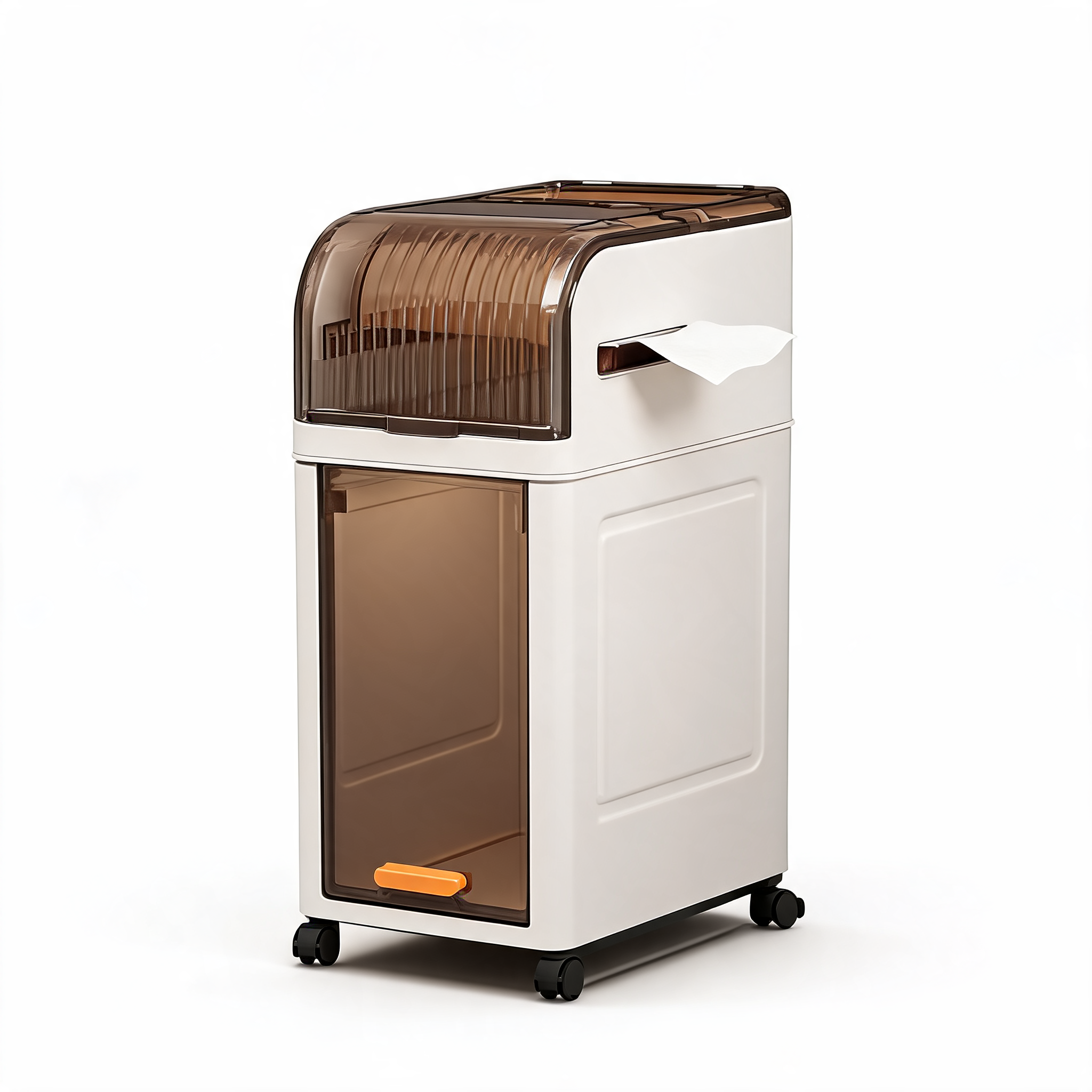 2-layer compact rolling storage cabinet with flip-top lid and one drawer on a white background