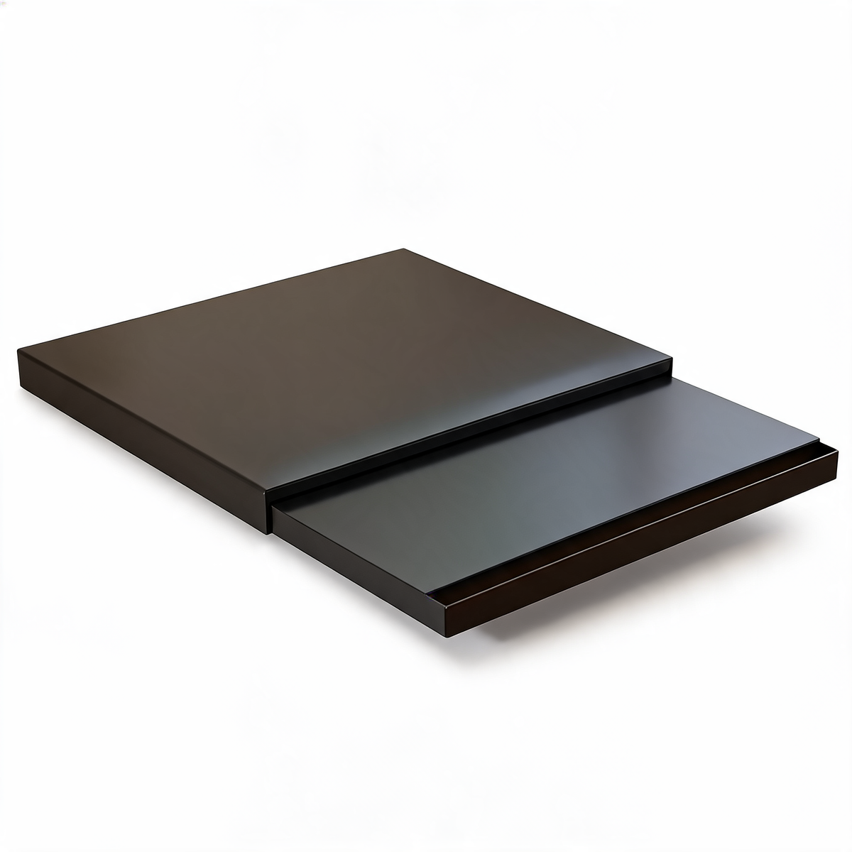 Black extendable countertop appliance tray, partly extended, on a white background