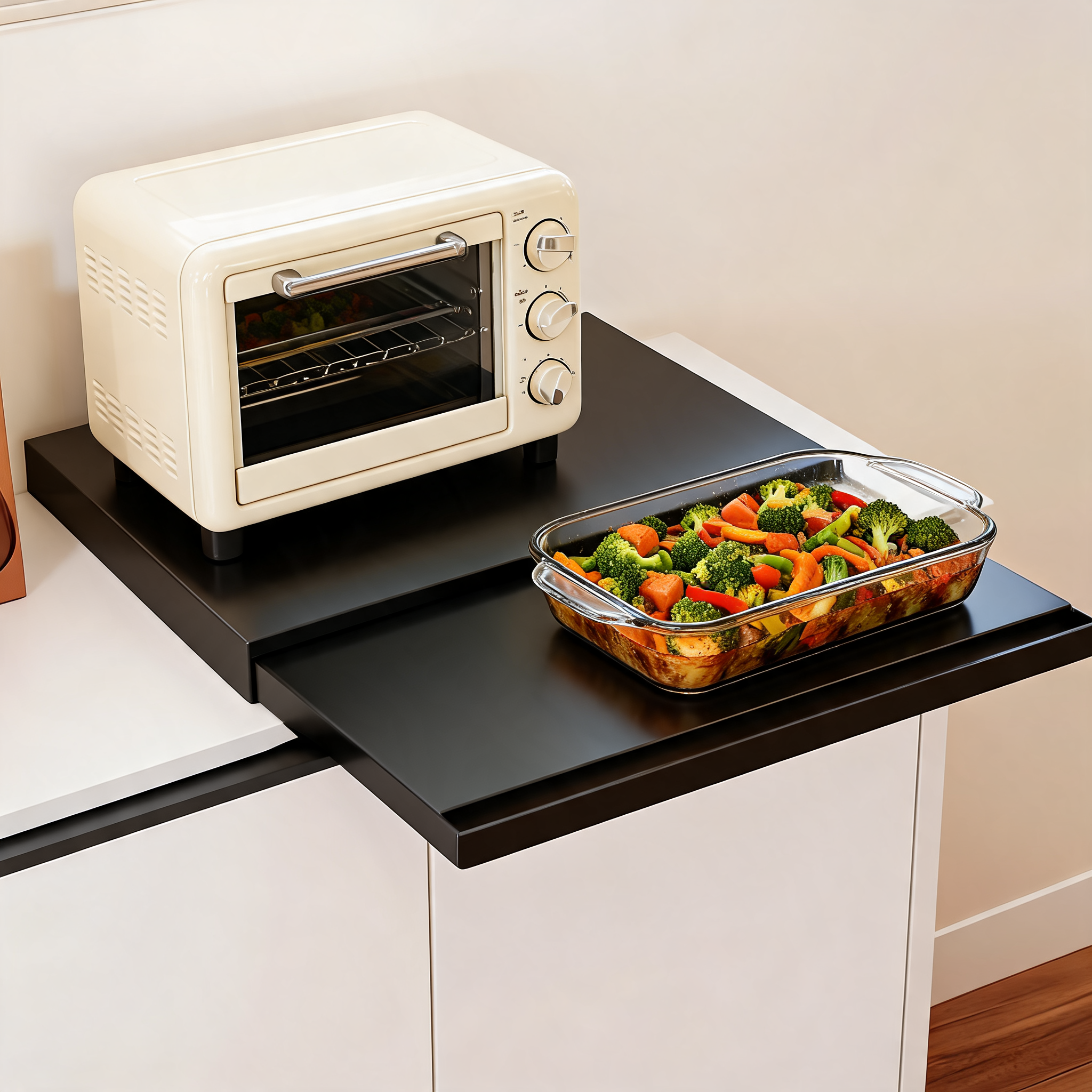 Black extendable tray under a toaster oven with a dish of roasted vegetables on the pulled-out section