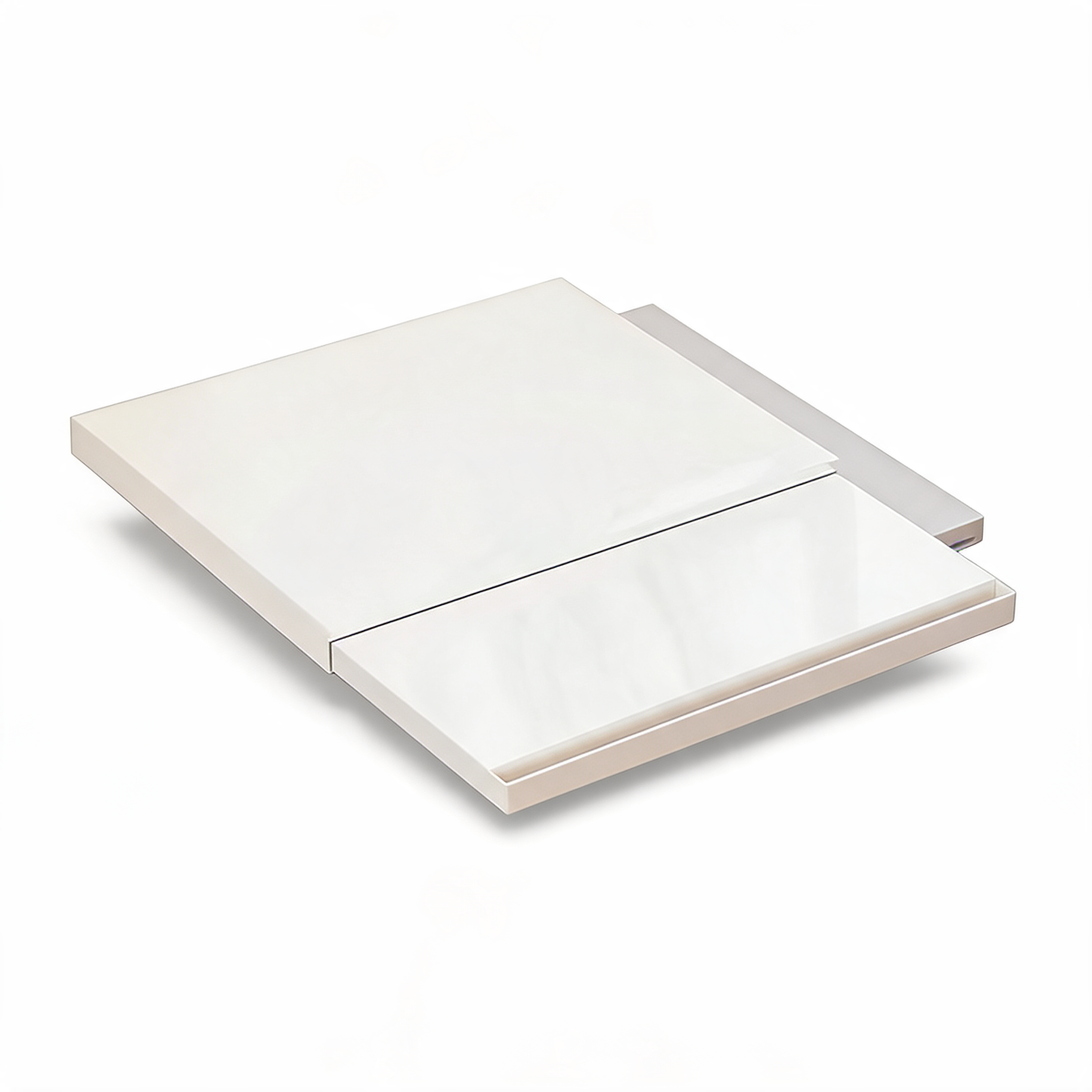 White extendable countertop appliance tray, partly extended, on a white background