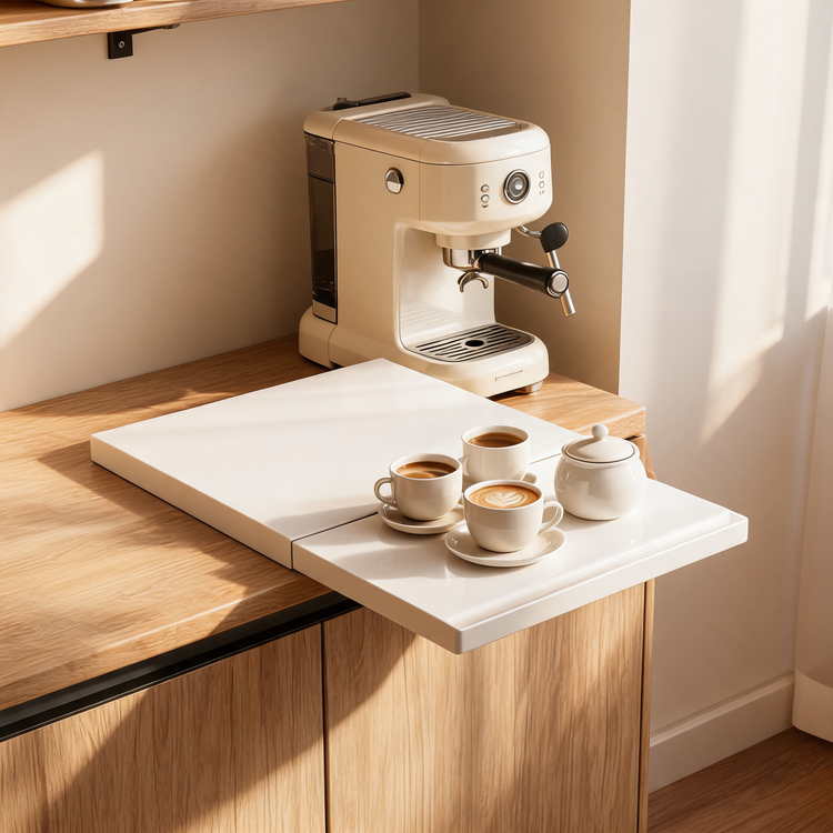 White extendable countertop tray holding coffee cups in a home coffee corner