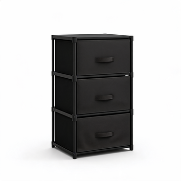 Black 3-drawer fabric storage chest on a white background
