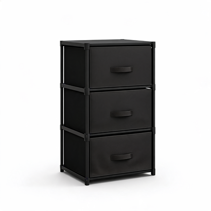 Black 3-drawer fabric storage chest on a white background