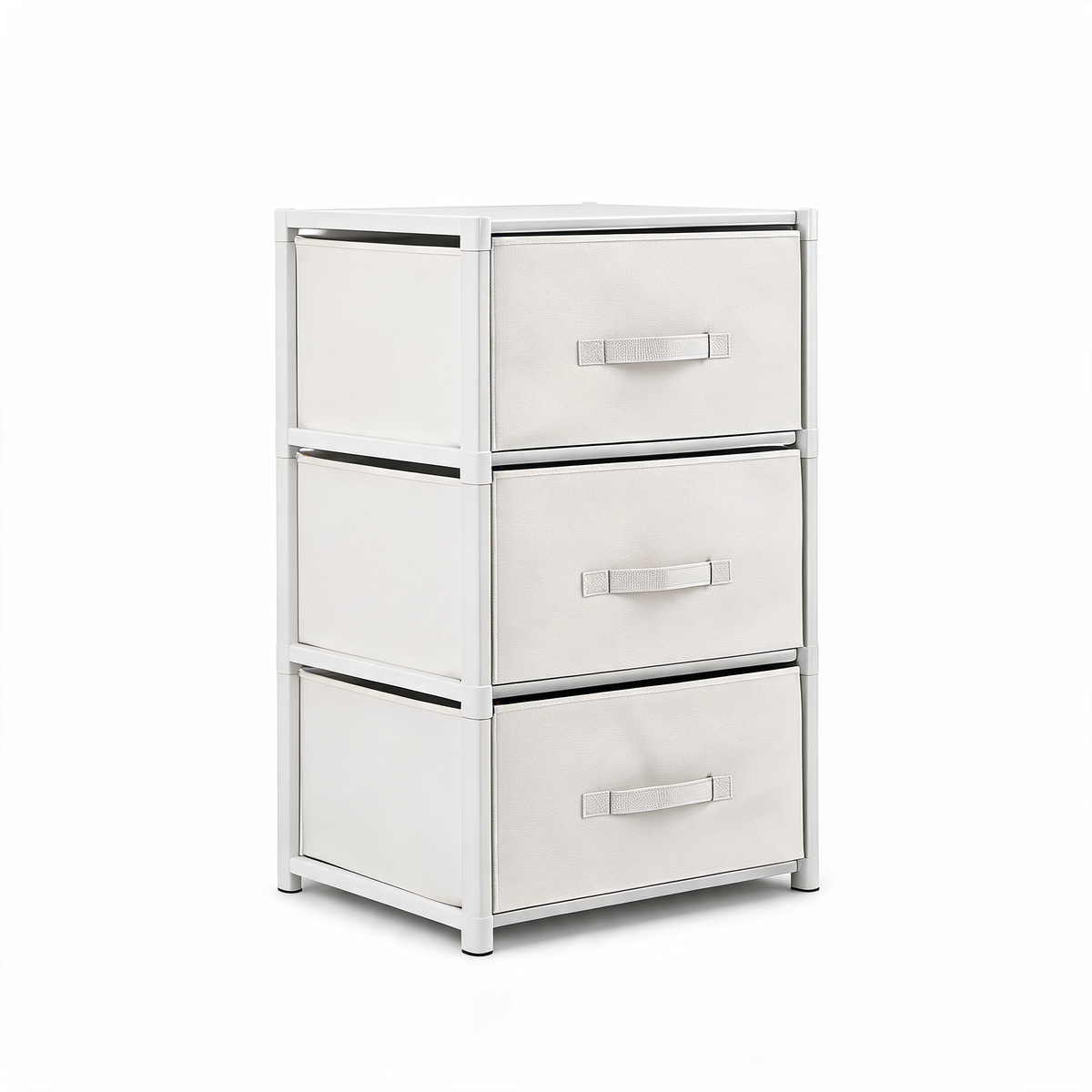 White 3-drawer fabric storage chest on a white background