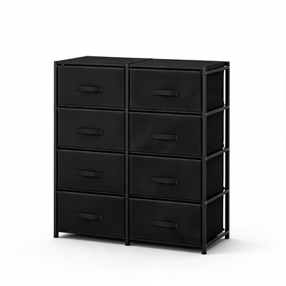 Black 8-drawer fabric storage chest on a white background