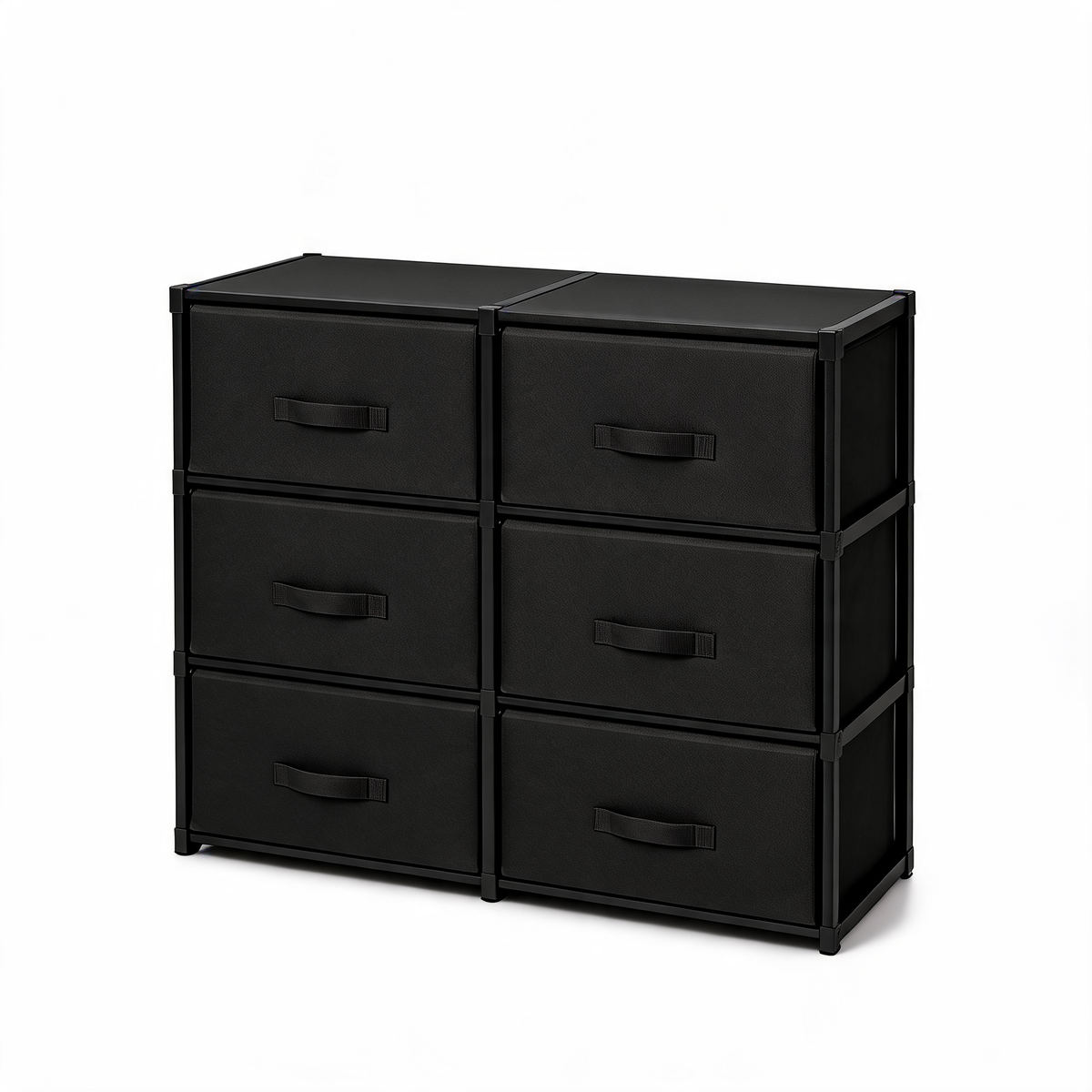 Black 6-drawer fabric storage chest on a white background