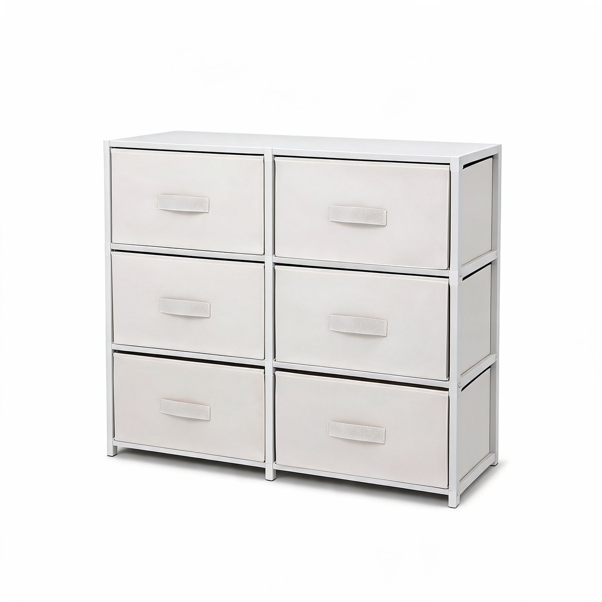 White 6-drawer fabric storage chest on a white background