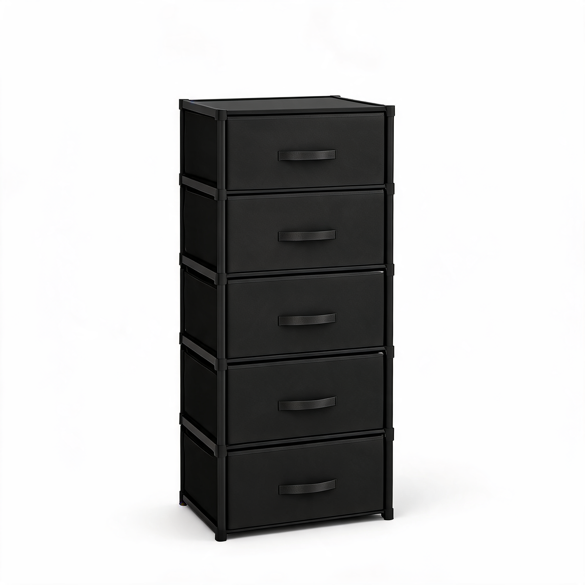 Black 5-drawer fabric storage tower on a white background