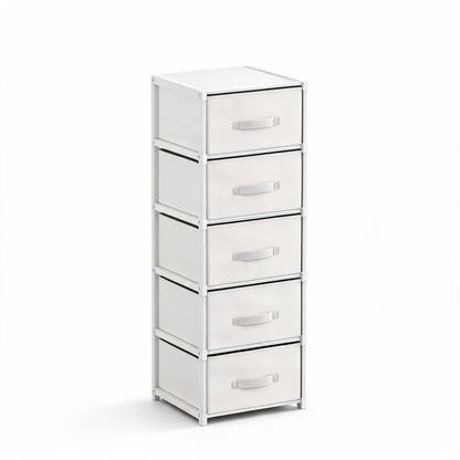 White 5-drawer fabric storage tower on a white background