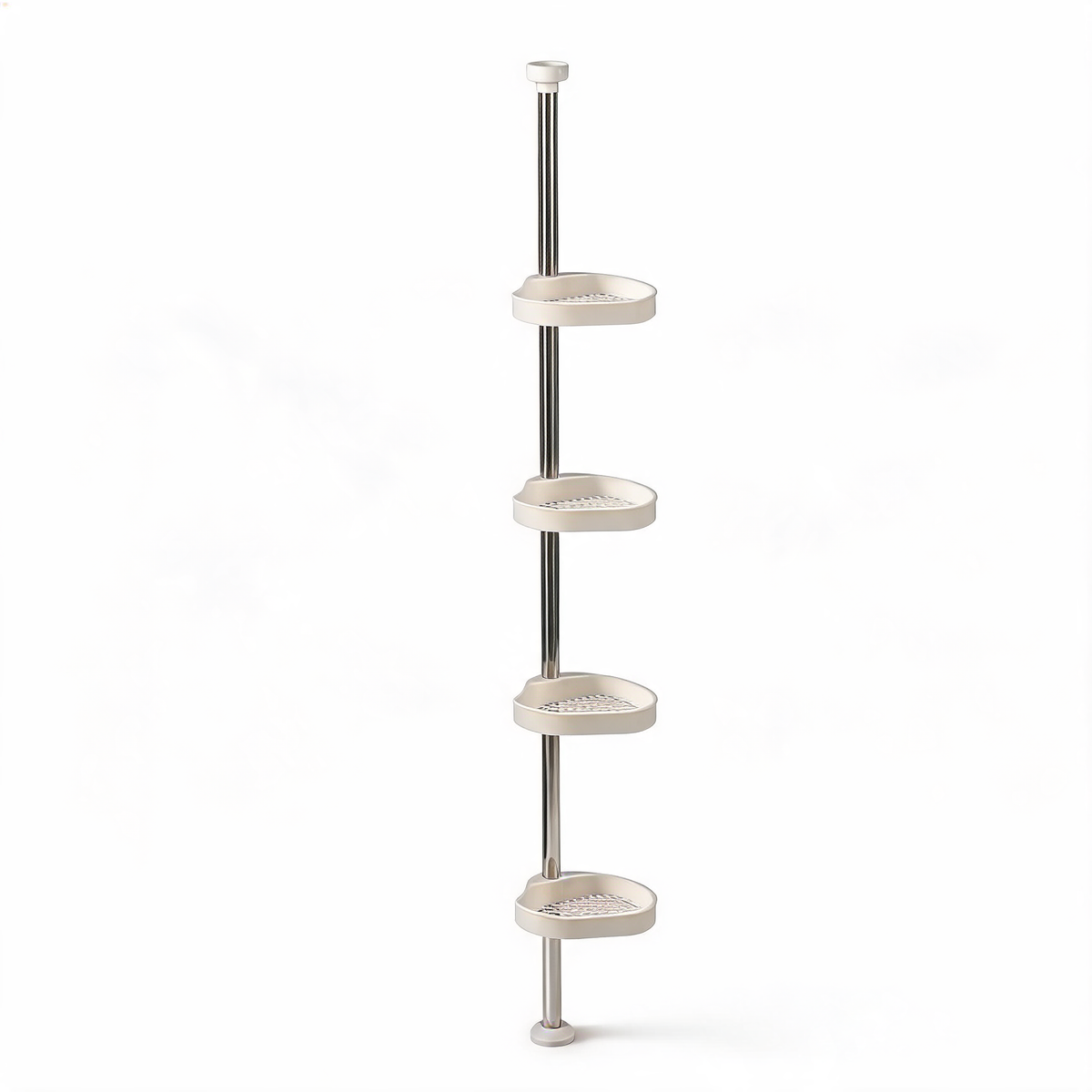 4-tier corner shower caddy with stainless steel tension pole and white trays on a white background