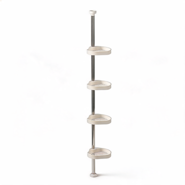4-tier corner shower caddy with stainless steel tension pole and white trays on a white background