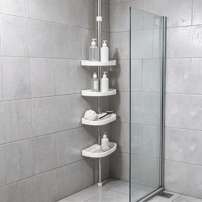 Corner shower caddy holding bottles and a sponge in a grey tiled walk-in shower