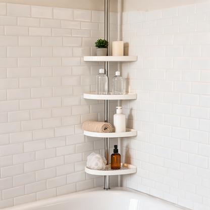Tension pole shower caddy in a bathtub corner with bath products, a towel and a plant