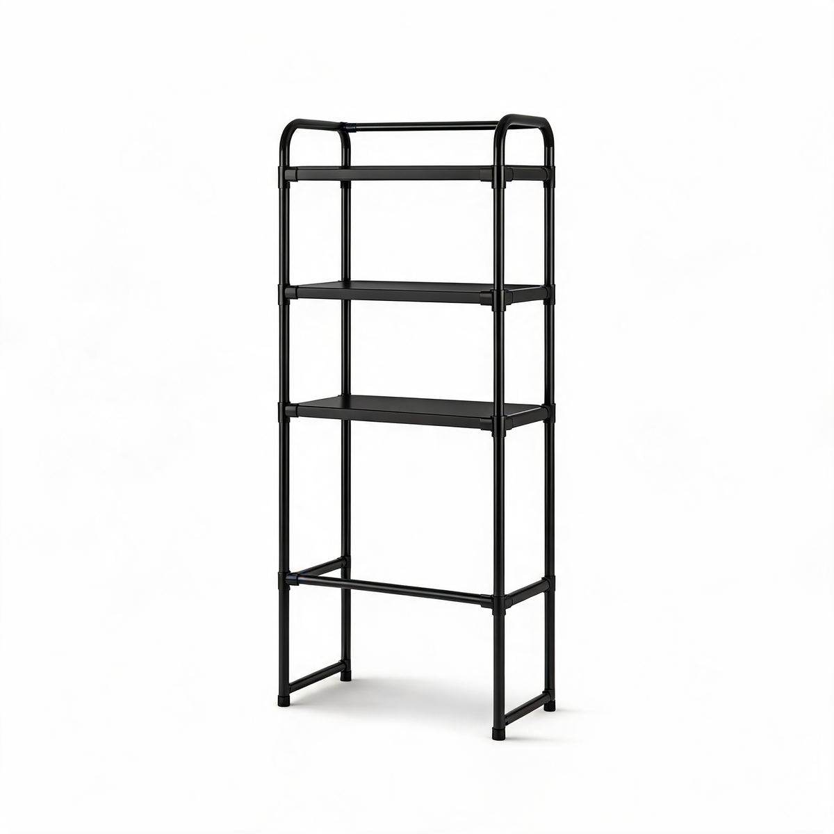 Black over-the-toilet storage rack with three shelves on a white background