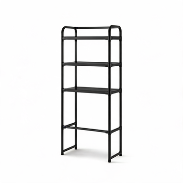 Black over-the-toilet storage rack with three shelves on a white background