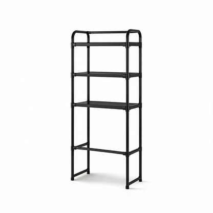 Black over-the-toilet storage rack with three shelves on a white background